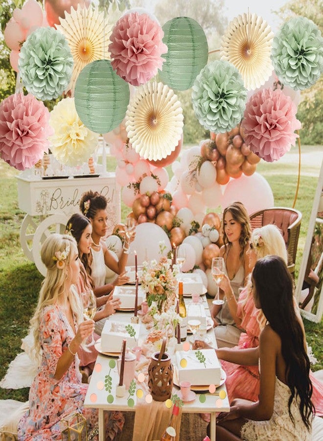 FETETIJD Dusty Pink and Sage Green Party Decorations Dusty Rose Sage Green Tissue Pom Poms Paper Lanterns Confetti Dots Scatter Table Decoration for Women Girls Birthday Party Wedding Baby Shower Engagement - Image 2