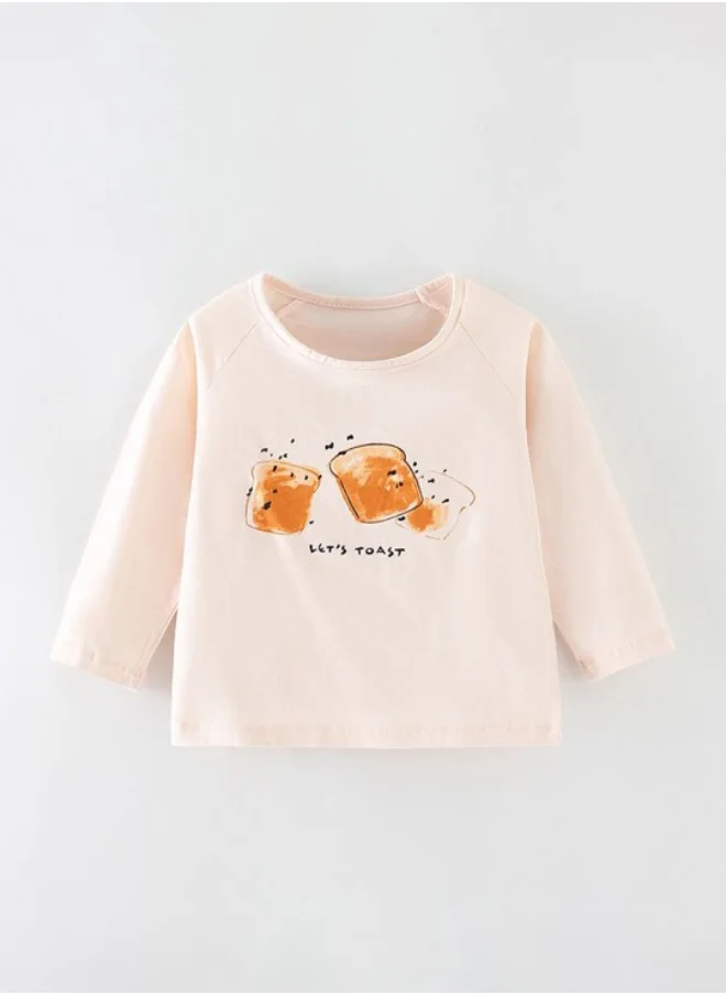 يونيكي Cream Crew Neck Long Sleeve Printed Top