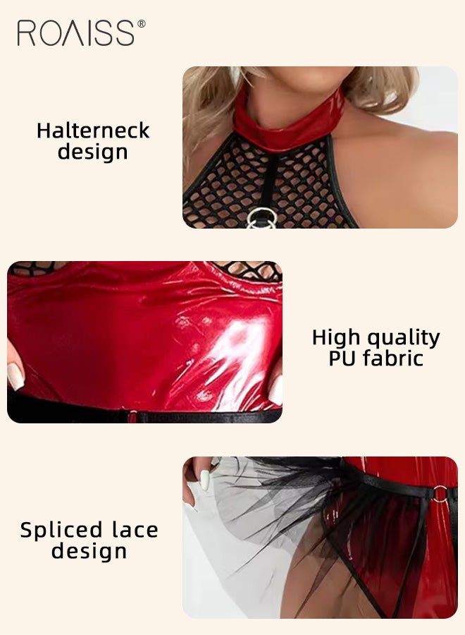 roaiss Adult Halter Teddy Bodysuit for Women Shiny PU Patent Leather Backless Lingerie Ladies Lace Mesh Underwear Leotard Babydolls Cosplay Costumes Boudoir Outfits  - Image 2