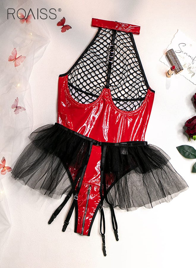roaiss Adult Halter Teddy Bodysuit for Women Shiny PU Patent Leather Backless Lingerie Ladies Lace Mesh Underwear Leotard Babydolls Cosplay Costumes Boudoir Outfits  - Image 1