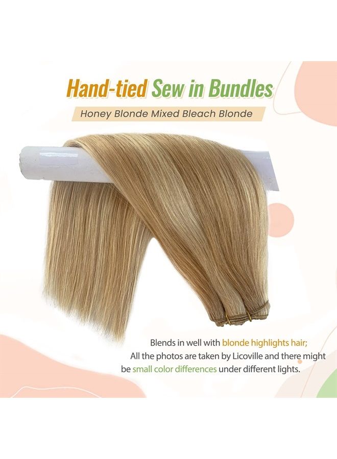Licoville Human Hair Sew in Bundles Blonde Highlights Weft Hair Extensions Sew in Real Human Hair Balayage Strawberry Blonde with Bleach Blonde Weave Bundles16 Inch 100grams - Image 4