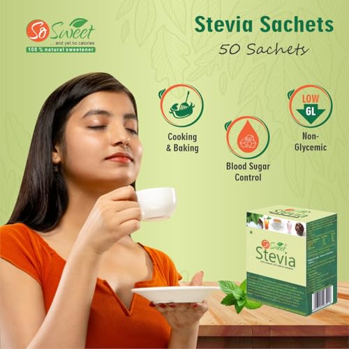 So Sweet Stevia Sachets, 50 Sachets, Zero-Calorie, 100% Natural Sweetener, Sugar-Free, Perfect for Sweetening Drinks, Tea, Coffee, Ideal for Weight Management & Diabetic-Friendly Diets - Image 5