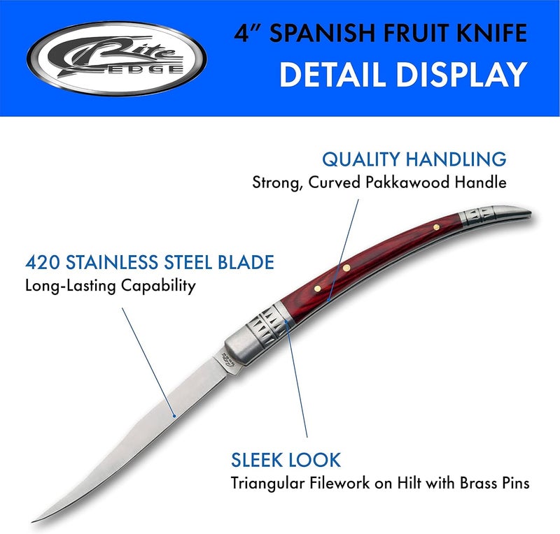 Rite Edge 4″ Spanish Folding Fruit Knife – Slim Folding Pocket Knife with Stainless Steel Blade, Pakkawood Handle & Bolster for Peeling, Food Prep, EDC & Outdoor Use - Image 2