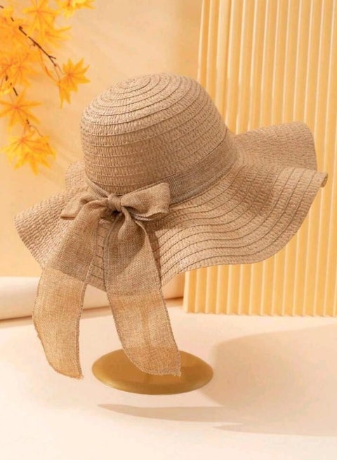 1pc Women's Rainbow Contrast Color Wide Brim Straw Hat, Fashion Casual Beach Sun Hat