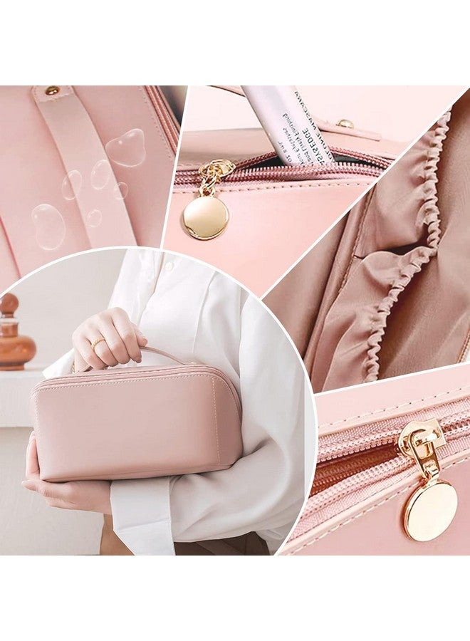 Luxoper Large Capacity Makeup Pouch for Women, Waterproof Leather Makeup Organizer Bag with Handle, Divider, and Wide Opening - Ideal Travel Vanity Bag, Travel Cosmetic Pouch (Pink) - Image 3