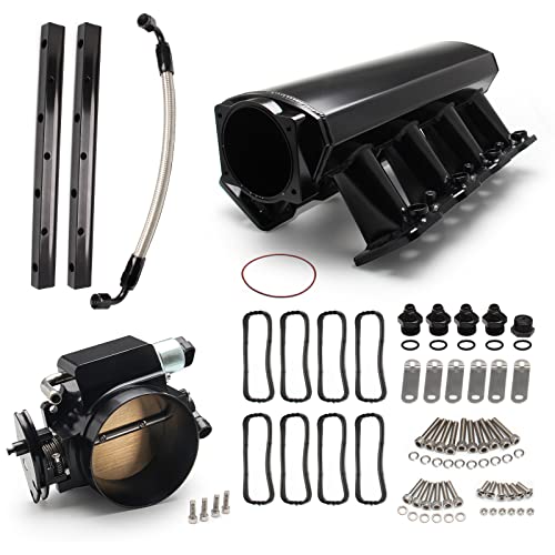 TEMSONE 92MM Intake Manifold Sheet Metal Fabricated EFI with Fuel Rails and Throttle Body & Throttle Position Sensors TPS IAC Compatible with Chevrolet GMC Pontiac LS LS1 LS2 LS6 Black - Image 1
