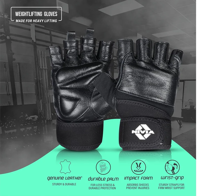نيفيا Nivia Venom Gym Gloves for Men & Women - Leather, Padded Palm & Adjustable Wrist Support for Strength Training and Fitness