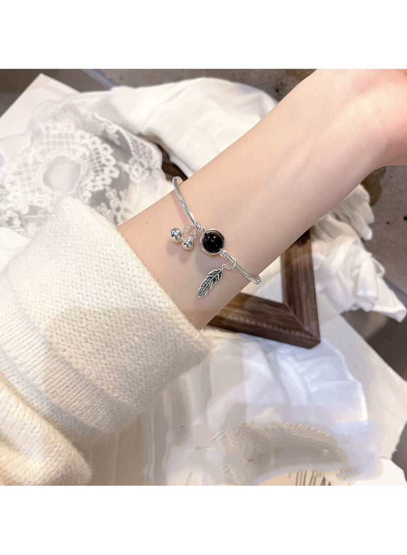 Goolsky Obsidian Bell Bracelet with Leaf Pendant – Adjustable Luxury Accessory for Women | Boutique Minimalist Design - Image 1