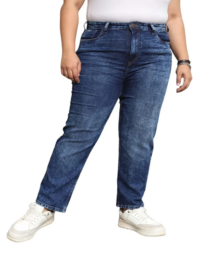 HIGH STAR Women's Indigo Cotton Blend Bleached Full Length Straight Fit Jeans