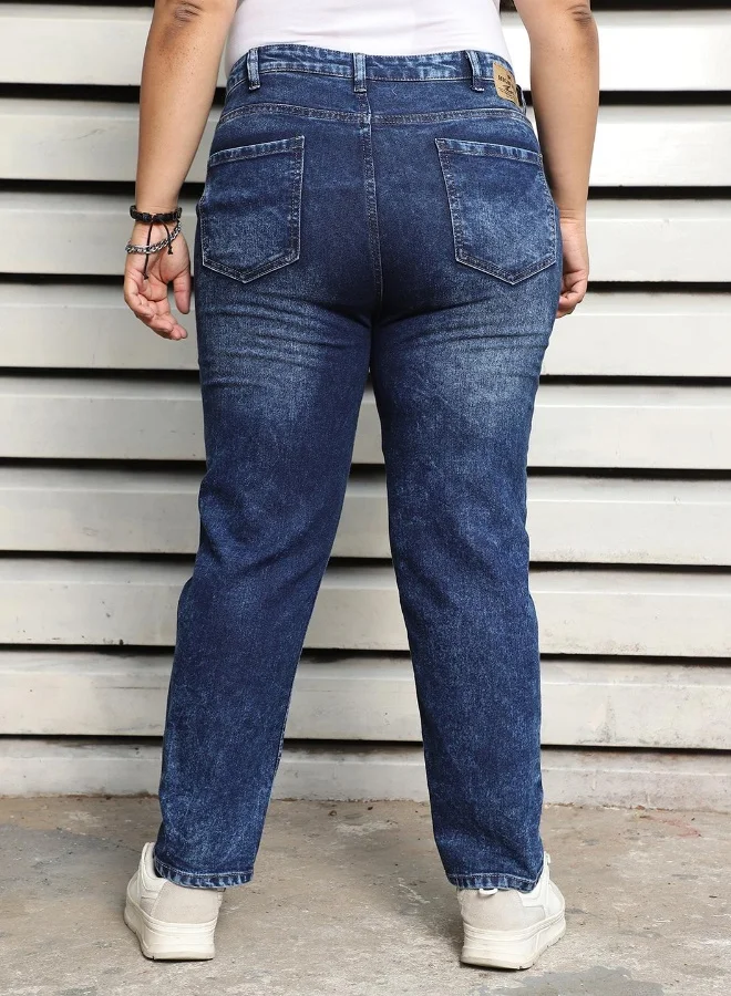 HIGH STAR Women's Indigo Cotton Blend Bleached Full Length Straight Fit Jeans