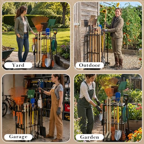 Faesun Garden Tool Organizer, 3-Tier Metal Yard Tool Rack with 14 Hooks & 5 Slots, Holds 50+ Rakes/Shovels/Brooms, Heavy Duty Freestanding Lawn Tool Storage for Garage Shed Outdoor Organization - Image 2