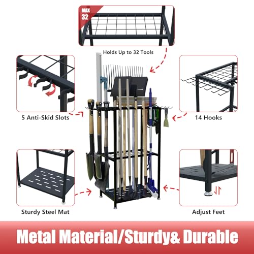Faesun Garden Tool Organizer, 3-Tier Metal Yard Tool Rack with 14 Hooks & 5 Slots, Holds 50+ Rakes/Shovels/Brooms, Heavy Duty Freestanding Lawn Tool Storage for Garage Shed Outdoor Organization - Image 4