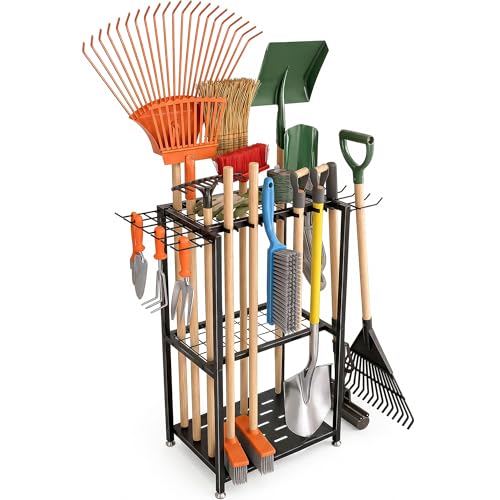 Faesun Garden Tool Organizer, 3-Tier Metal Yard Tool Rack with 14 Hooks & 5 Slots, Holds 50+ Rakes/Shovels/Brooms, Heavy Duty Freestanding Lawn Tool Storage for Garage Shed Outdoor Organization - Image 1