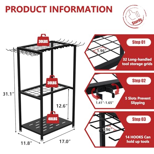 Faesun Garden Tool Organizer, 3-Tier Metal Yard Tool Rack with 14 Hooks & 5 Slots, Holds 50+ Rakes/Shovels/Brooms, Heavy Duty Freestanding Lawn Tool Storage for Garage Shed Outdoor Organization - Image 3