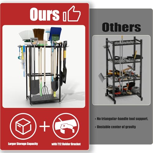 Faesun Garden Tool Organizer, 3-Tier Metal Yard Tool Rack with 14 Hooks & 5 Slots, Holds 50+ Rakes/Shovels/Brooms, Heavy Duty Freestanding Lawn Tool Storage for Garage Shed Outdoor Organization - Image 5