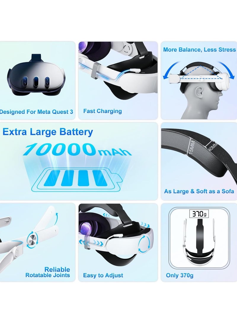 Generic Head Strap with Battery for Oculus Quest 3, 10000mAh Battery Pack Extend 4H Playtime, Fast Charging VR Power, Adjustable Elite Strap Replacement Accessories for Oculus/Meta Quest 3  - Image 3