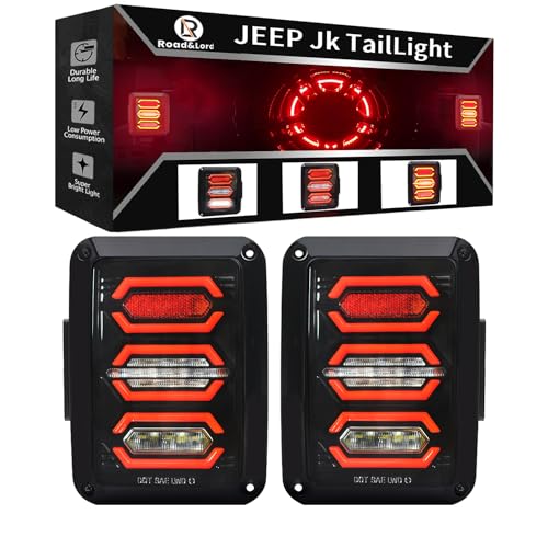 أضواء خلفية LED من RoadandLord متوافقة مع Wrangler JK 2007-2018 مع أضواء الفرامل والرجوع ومصابيح التشغيل النهارية DRL عدسة شفافة سوداء
