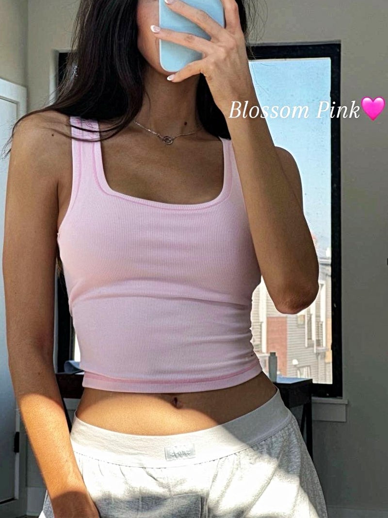 Danysu Women Cotton Rib Tank Top with Built in Bra Square Neck Crop Tank Fitted Basic Tops Blossom Pink M - Image 2