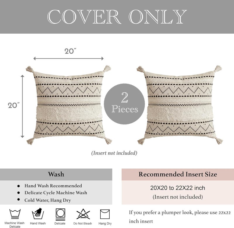 BlissBlush Decorative Throw Pillow Cover 20x20 Combo Set of 2 Square Boho Black Neutral White Accent Pillowcase Tassels Farmhouse Cushion for Couch Sofa Bedroom Living Room Home Décor Cover ONLY - Image 5