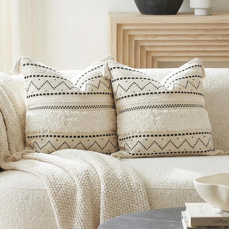 BlissBlush Decorative Throw Pillow Cover 20x20 Combo Set of 2 Square Boho Black Neutral White Accent Pillowcase Tassels Farmhouse Cushion for Couch Sofa Bedroom Living Room Home Décor Cover ONLY - Image 1