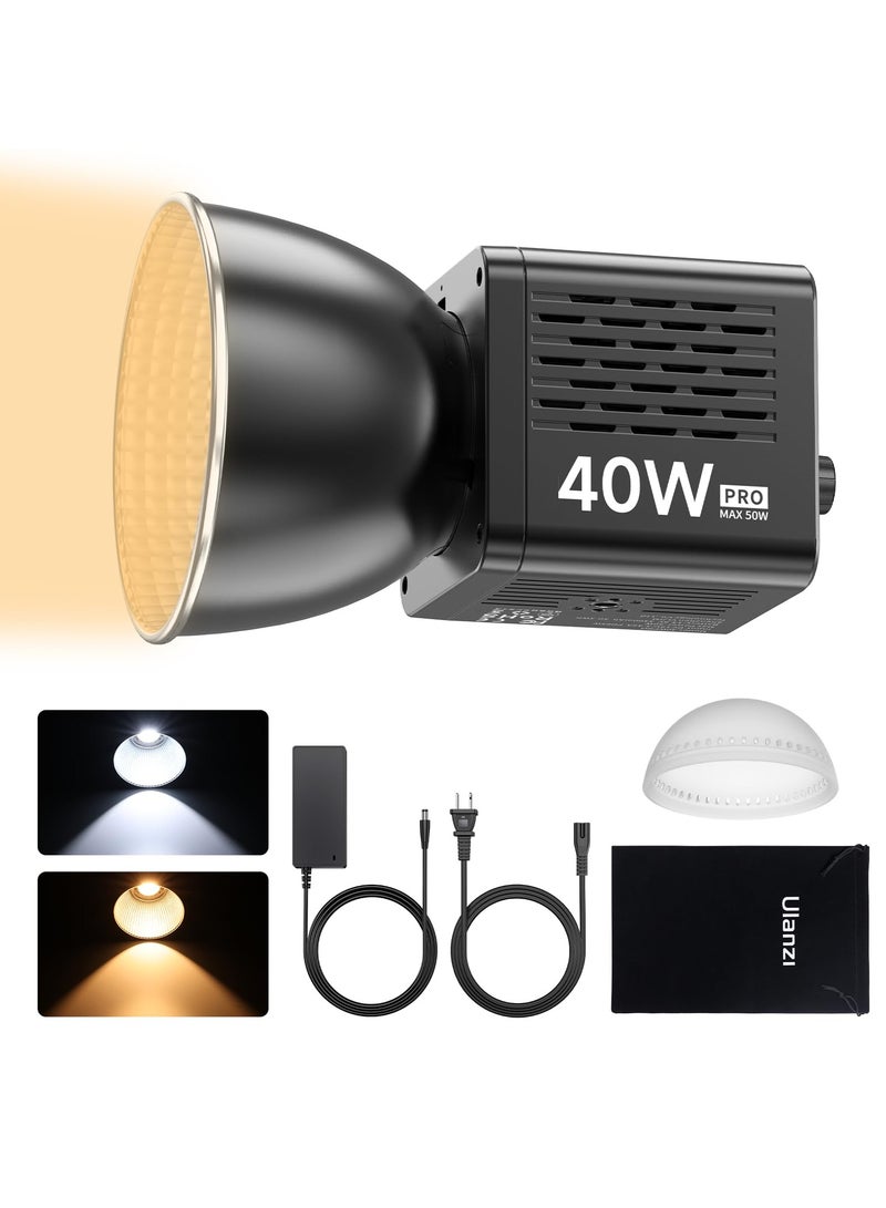 ULANZI 40W Pro Portable LED Video Light with DC Power Adapter, 3400mAh Build-in Battery Metal Mini Dual Color Temperature COB Continuous Output Lighting Handheld Spotlight 2500K-6500K for Video - Image 1