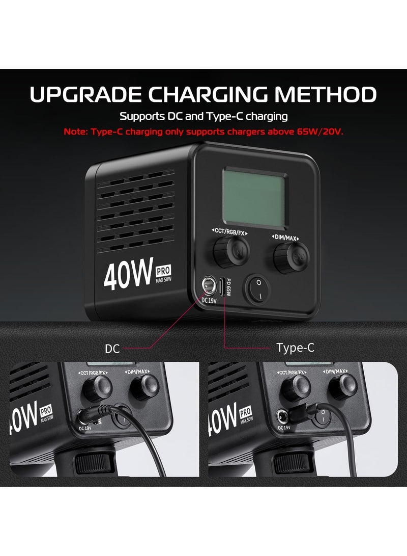 ULANZI 40W Pro Portable LED Video Light with DC Power Adapter, 3400mAh Build-in Battery Metal Mini Dual Color Temperature COB Continuous Output Lighting Handheld Spotlight 2500K-6500K for Video - Image 4