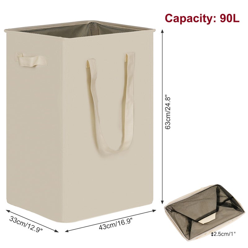 efluky Slim Laundry Basket, Narrow Laundry Hamper with Handles, Collapsible Dirty Clothes Hamper, Tall Laundry Bin for Laundry Room, Dorm and Bedroom, 90L Beige - Image 2
