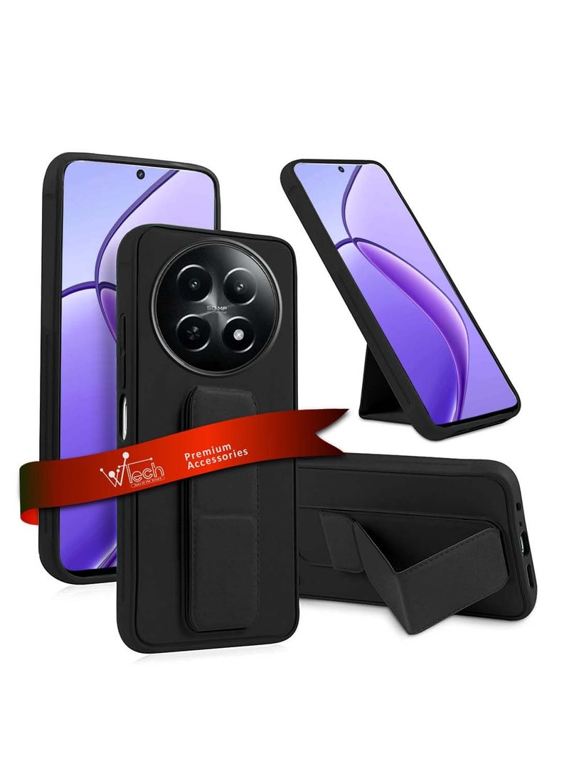 Wtech Realme 12x 5G 2024 Hand Grip Foldable Magnetic Kickstand Wrist Strap Finger Grip With Built-In Iron Case Cover - Black - Image 1