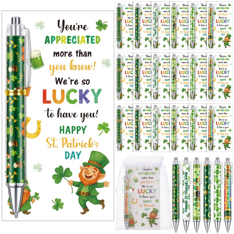 Marspark 30 Set St. Patrick's Day Gifts Bulk Lucky Shamrock Ballpoint Pens and Greeting Cards with Bag Twist Tie for St Patricks Day Employee Coworker School Office Home Irish Party Favor Supplies - Image 1