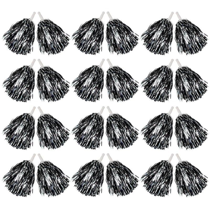 Hooshing 24PCS Black Silver Metallic Foil Cheer Pom Poms with Plastic Handles for Team Spirit Sports Party Dance