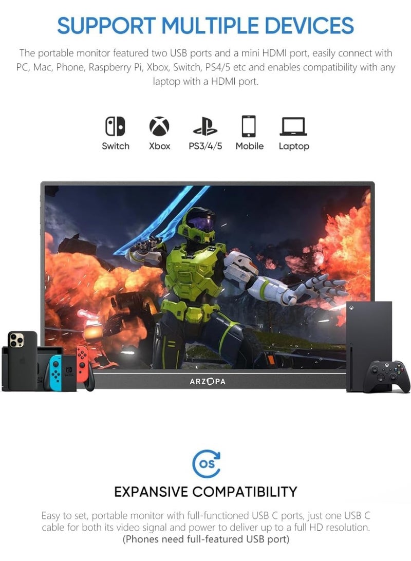 ARZOPA Portable Monitor 15.6'' FHD 1080P - Ultra-Slim Portable Laptop Monitor with Kickstand - IPS Display for PC, MAC, Phone, Xbox, PS5 - USB C & HDMI Connectivity - Image 5