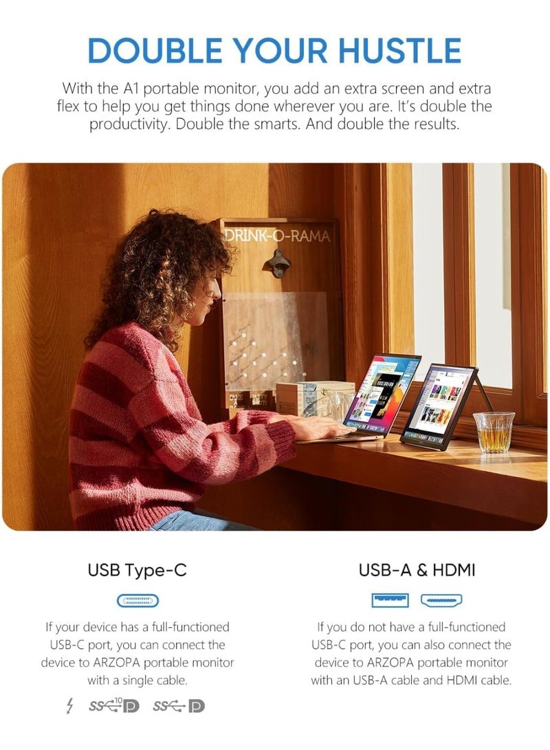 ARZOPA Portable Monitor 15.6'' FHD 1080P - Ultra-Slim Portable Laptop Monitor with Kickstand - IPS Display for PC, MAC, Phone, Xbox, PS5 - USB C & HDMI Connectivity - Image 2
