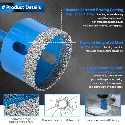 ZNXIMER Diamond Hole Saw Tile Drill Bits Kit, 11 PCS Serrated Brazing Tile Core Drill Bits Sets with EVA Hole Saws Guide Jig Hollow Drill Hole Saw for Ceramic, Glass,Tile, Marble,Granite, Gypsum,Wood - Image 3
