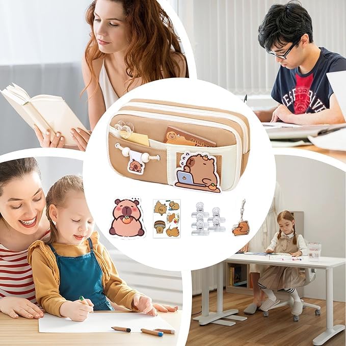 ZOLYPY Kawaii Cute Aesthetic Pencil Case for Students | Large Capacity Multi-Pocket Pencil Pouch with Zipper | Cartoon Stationery Organizer Bag for School, College & Office Supplies (Beige) - Image 5