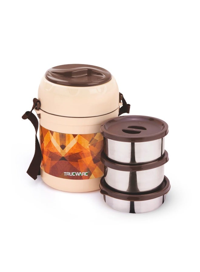 Trueware Fresh Meal Plus 2 Lunch Box with 3 SS Container, 2X300ml and 1X200 ML Each | Brown | PU Insulated | Lunch Box | Tiffin | Hot Lunch Box | Leak Proof | Easy to Carry | Food Grade | BPA Free - Image 1