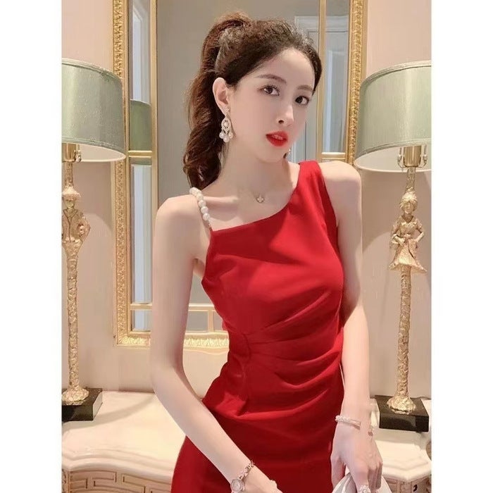 2024 Summer Pink Slip Dress Feminine Slim-fit Midi Red  - Image 1