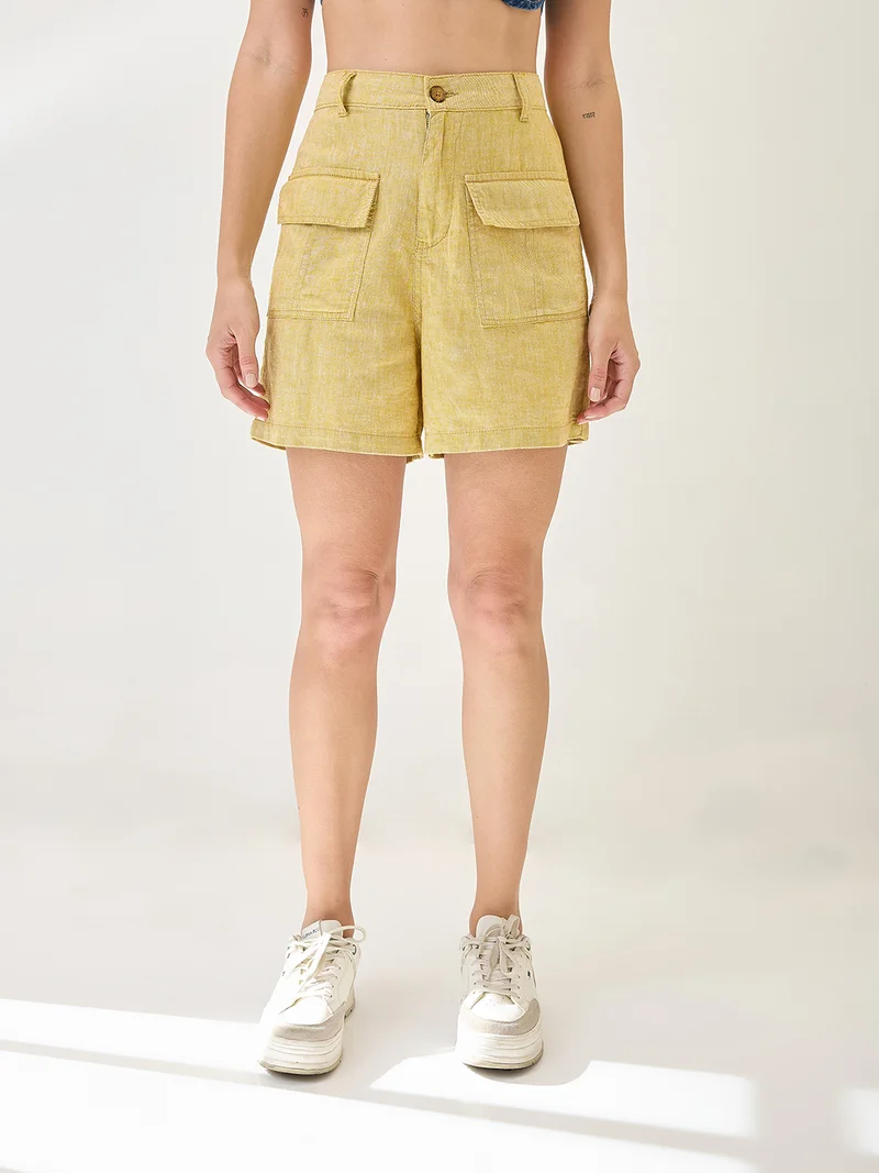 جلو باص شورت نسائي قطن كتان جلوس مريح فوق الركبة