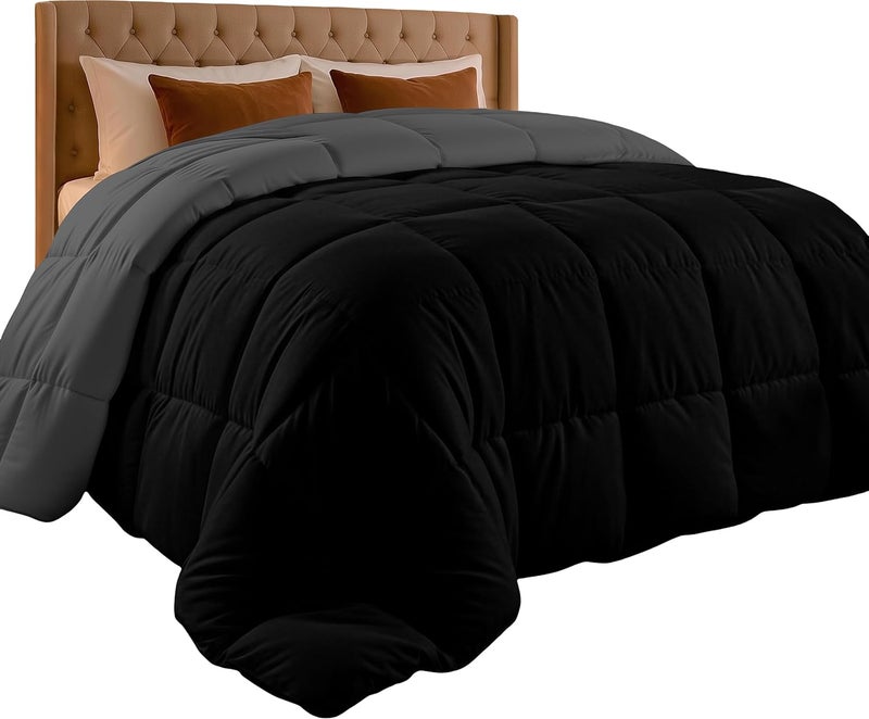 Comforter Duvet Insert - Quilted Comforter with Corner Tabs - Box Stitched Down Alternative Comforter (Black/Grey, Queen) - Image 1