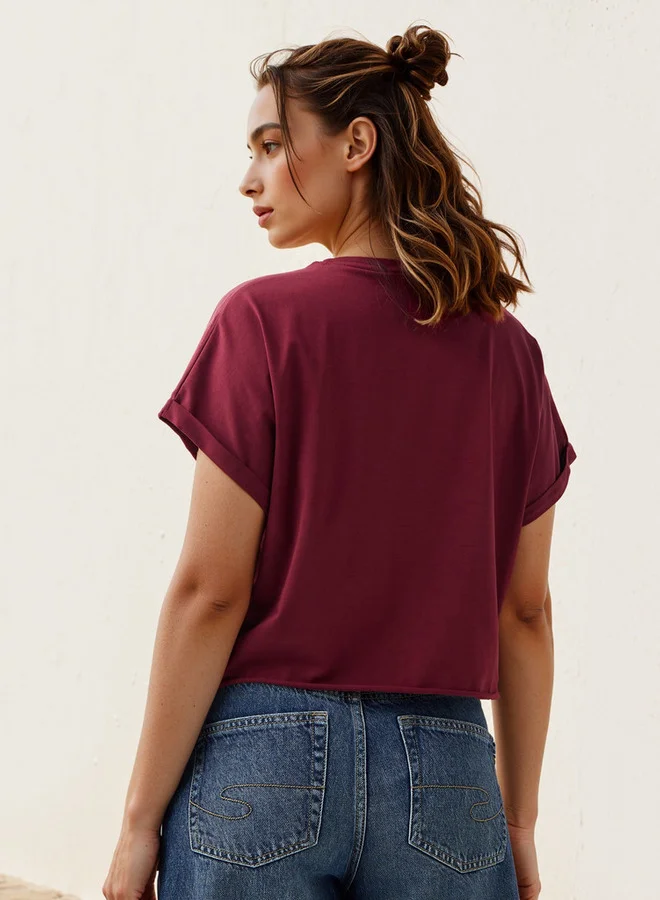 SP Characters Floral Print Cropped T-shirt with Crew Neck
