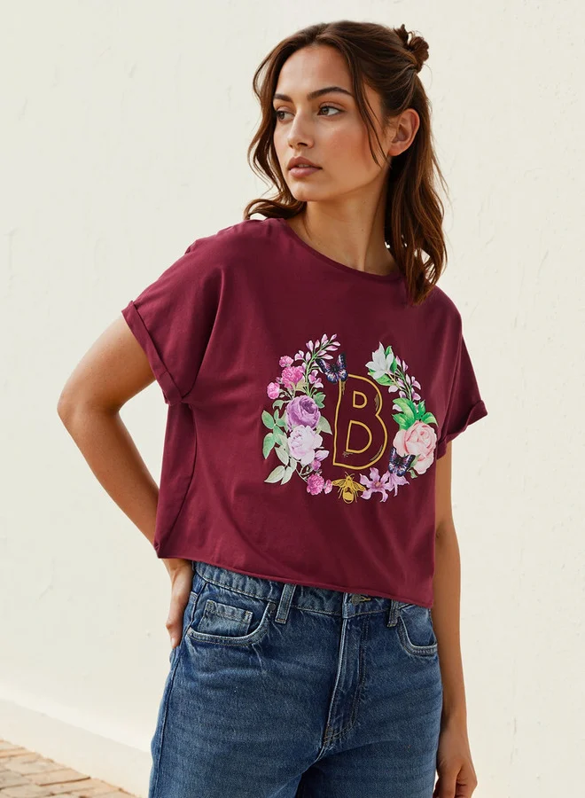 Floral Print Cropped T-shirt with Crew Neck
