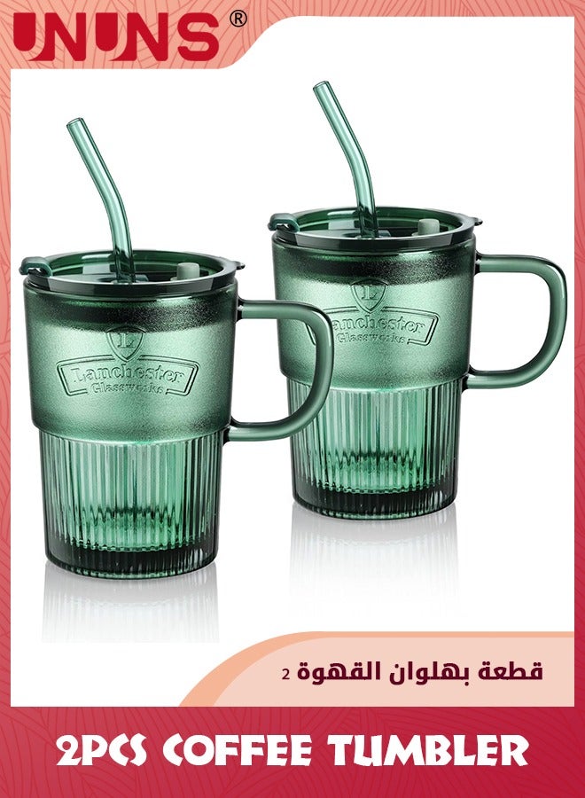 UNUNS Glass Coffee Tumbler,Set Of 2 Coffee Tea Glasses Mug With Handle Lid And Straw,15oz Green Colored Drinking Jar For Water Juice Beverages Soda Milk - Image 1