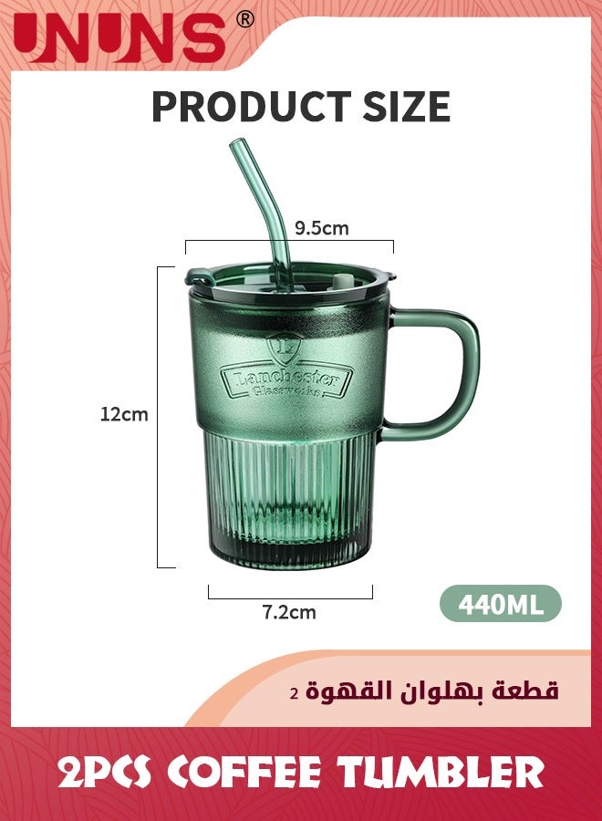 UNUNS Glass Coffee Tumbler,Set Of 2 Coffee Tea Glasses Mug With Handle Lid And Straw,15oz Green Colored Drinking Jar For Water Juice Beverages Soda Milk - Image 2