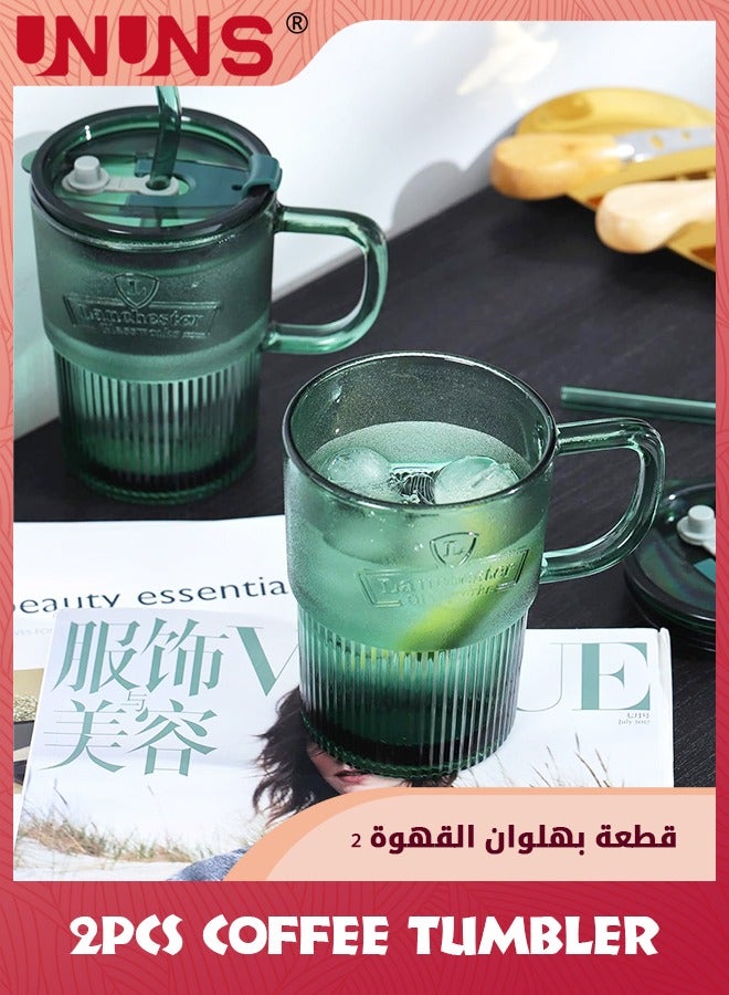 UNUNS Glass Coffee Tumbler,Set Of 2 Coffee Tea Glasses Mug With Handle Lid And Straw,15oz Green Colored Drinking Jar For Water Juice Beverages Soda Milk - Image 4