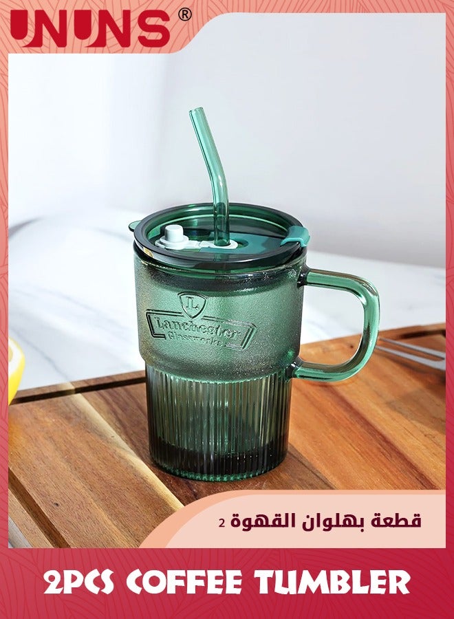 UNUNS Glass Coffee Tumbler,Set Of 2 Coffee Tea Glasses Mug With Handle Lid And Straw,15oz Green Colored Drinking Jar For Water Juice Beverages Soda Milk - Image 3
