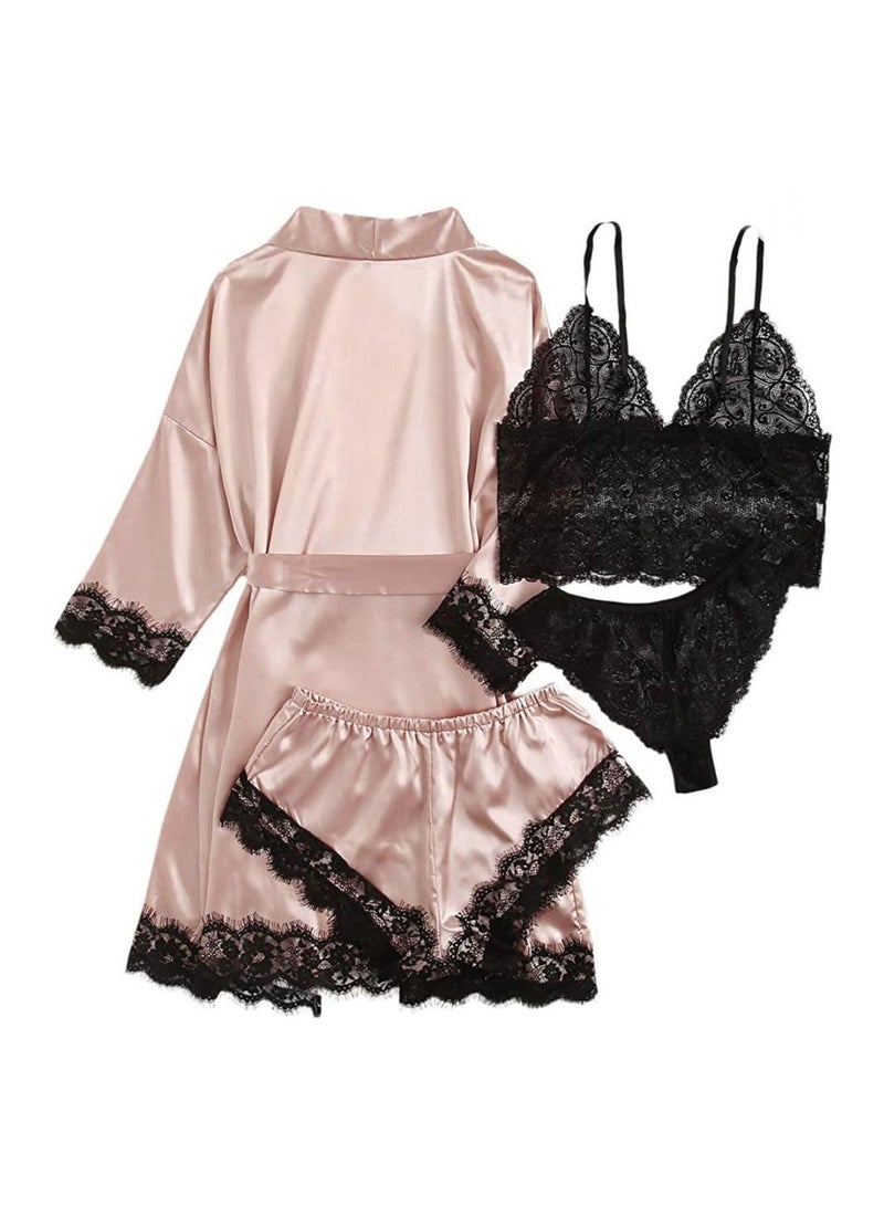 Pink Demon 4 Piece Fashion Ladies Loungewear Lace Pajama Set Pink - Image 1