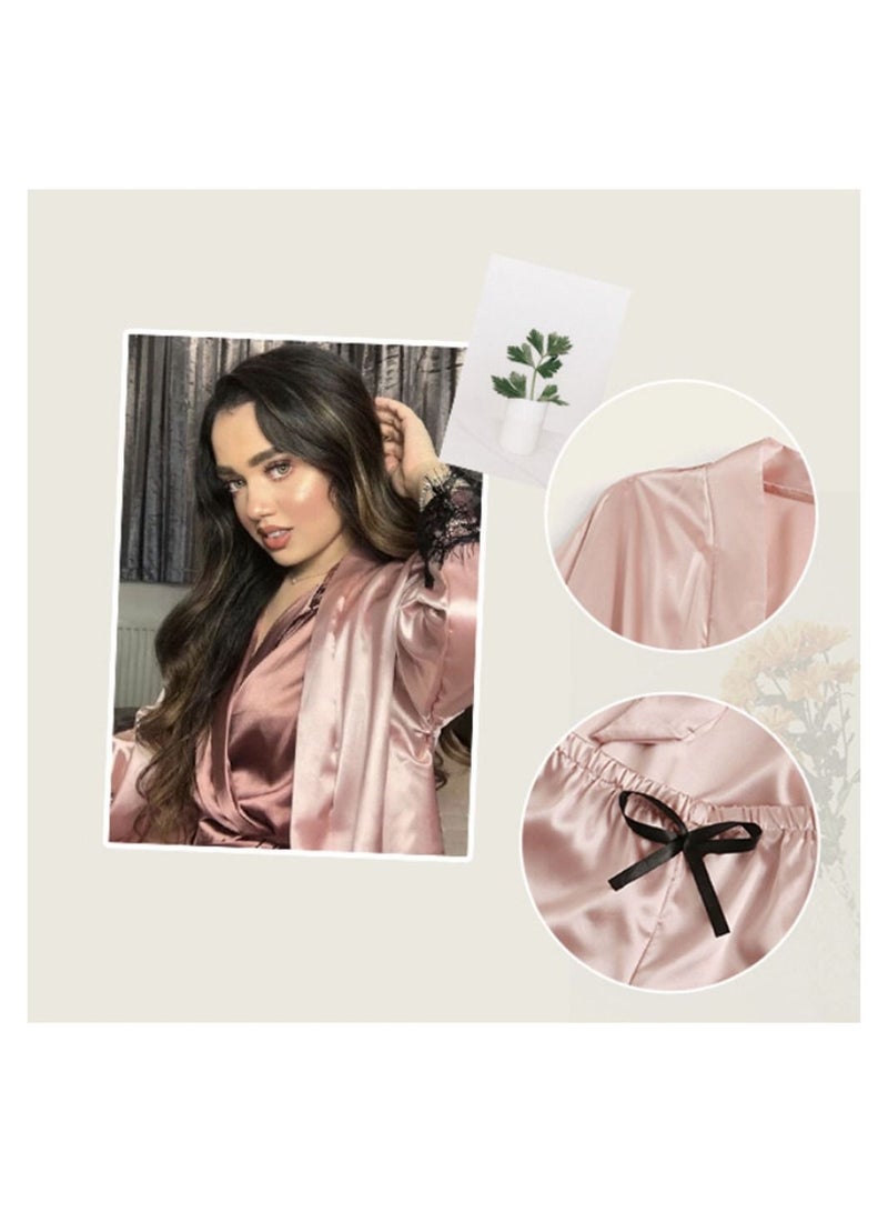 Pink Demon 4 Piece Fashion Ladies Loungewear Lace Pajama Set Pink - Image 2