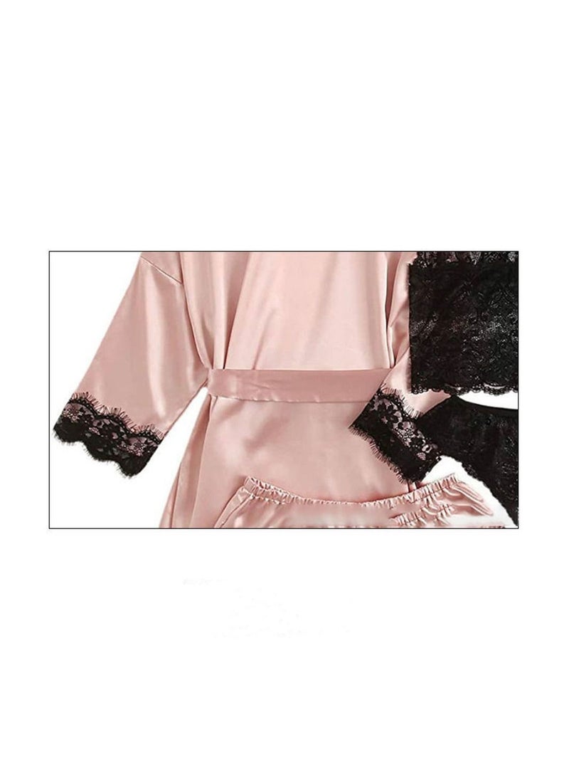 Pink Demon 4 Piece Fashion Ladies Loungewear Lace Pajama Set Pink - Image 4