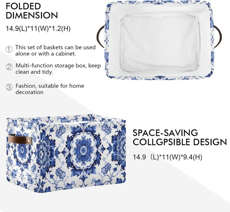 senya Storage Basket, Blue White Porcelain Pattern Foldable Fabric Collapsible Storage Bins Organizer Bag - Image 3
