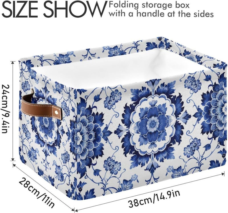 senya Storage Basket, Blue White Porcelain Pattern Foldable Fabric Collapsible Storage Bins Organizer Bag - Image 4