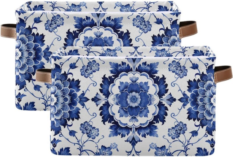 senya Storage Basket, Blue White Porcelain Pattern Foldable Fabric Collapsible Storage Bins Organizer Bag - Image 2